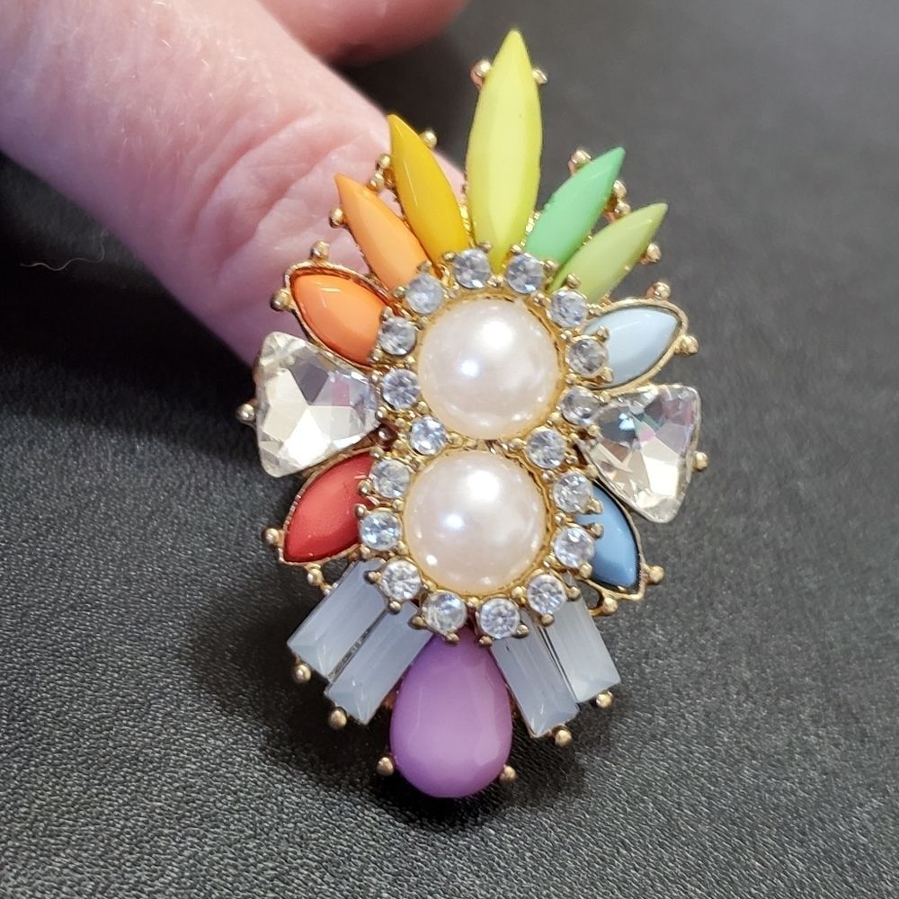 Gold tone multicolored statement ring adjustable eclectic